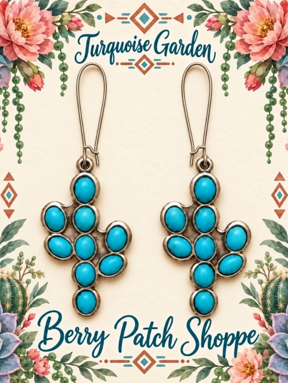 Turquoise Garden Cactus Boho Silver  Earrings